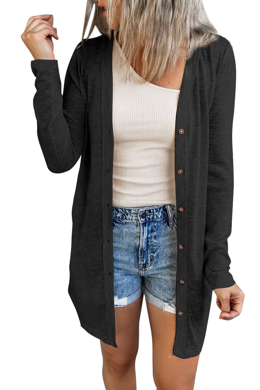 Black Casual Button Front Open Front Cover Up