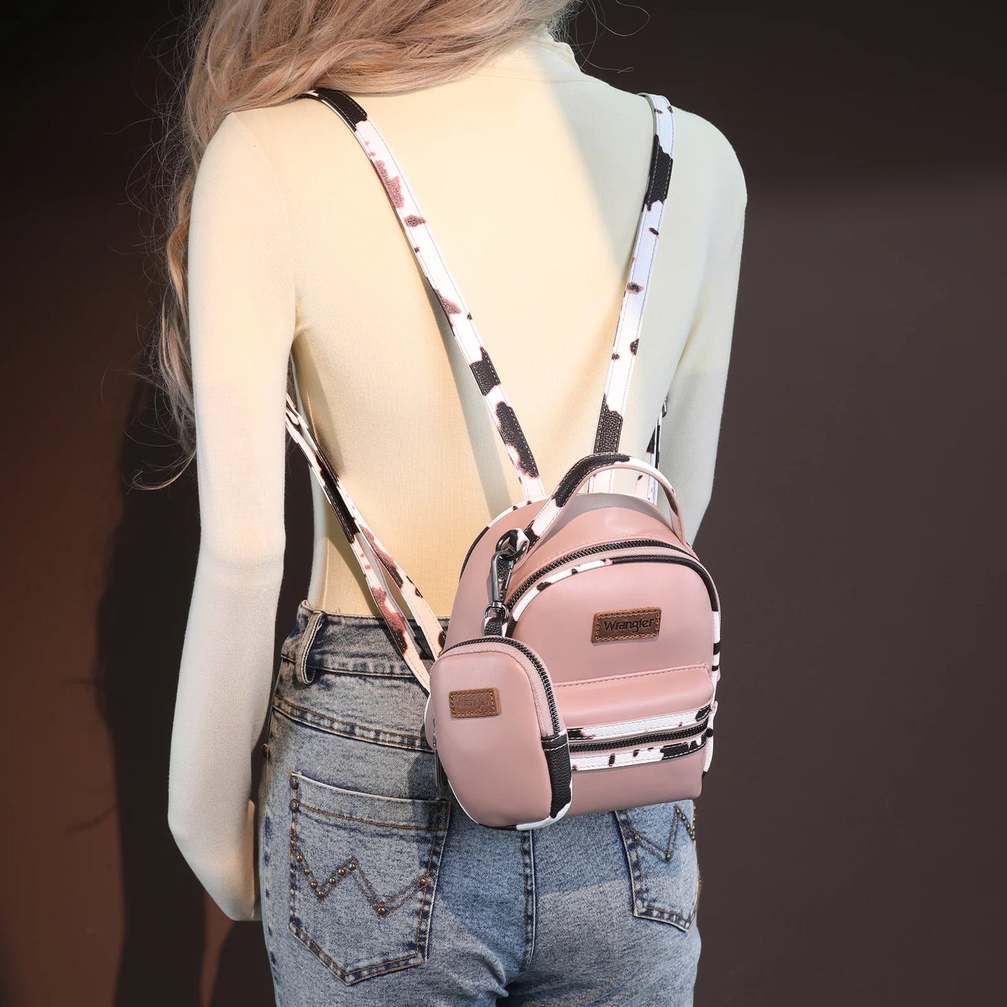 Wrangler Cow Print Trimmed Mini Backpack With Coin Pouch - Pink