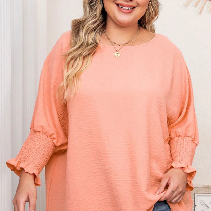Peach Shirred Cuffed Shiffon Blouse