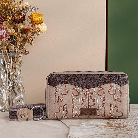 Wrangler Wristlet Western Wallet for Women Floral Tooled Clutch Boot Stitch Bifold Wallet with Card Holder