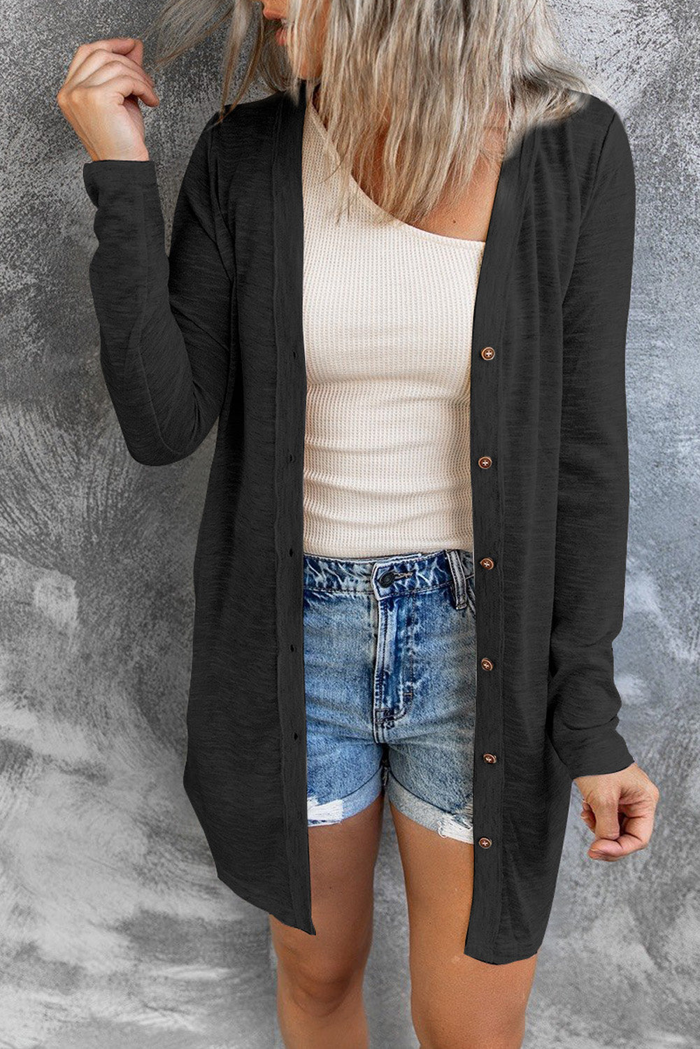 Black Casual Button Front Open Front Cover Up