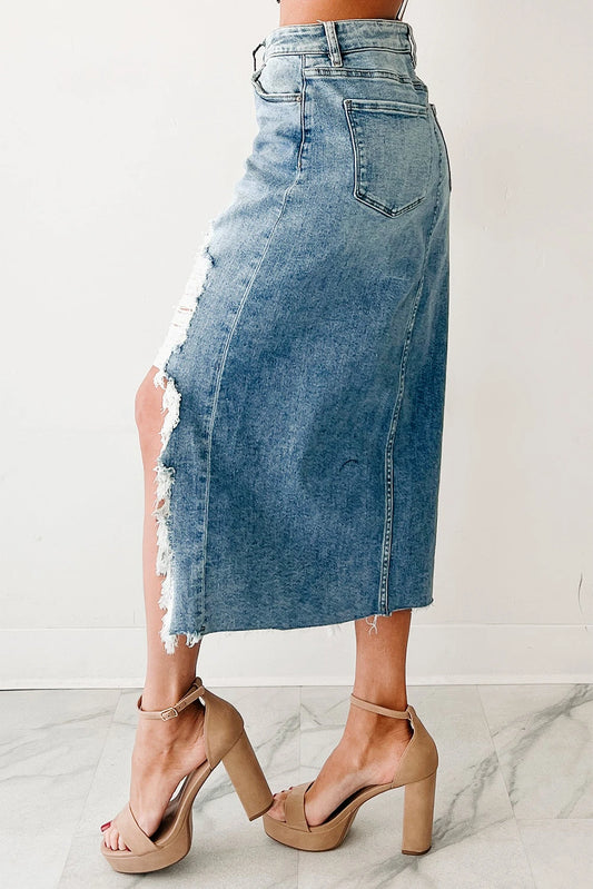 Myosotis Irregular Distressed Hem Denim Midi Skirt