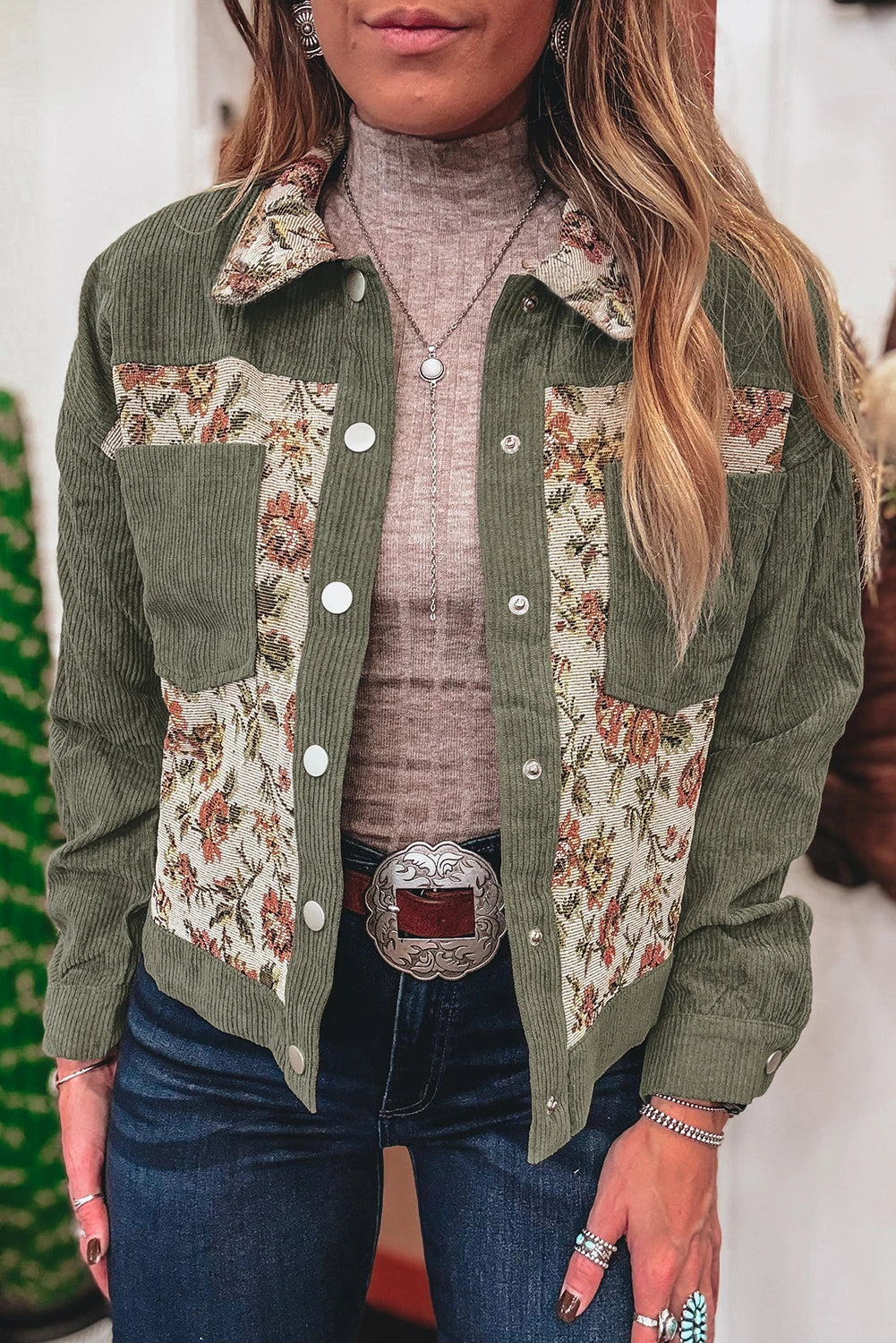 Sage Green Ribbed Retro Floral Patchwork Jacket