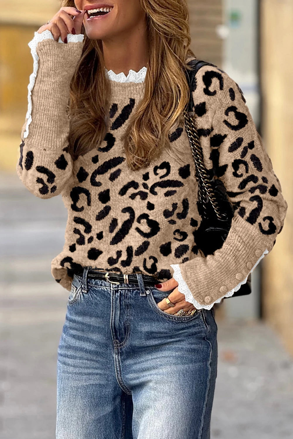 Brown Leopard Pattern Lace Trim Ribbed Detail Button Cuffed Sweater