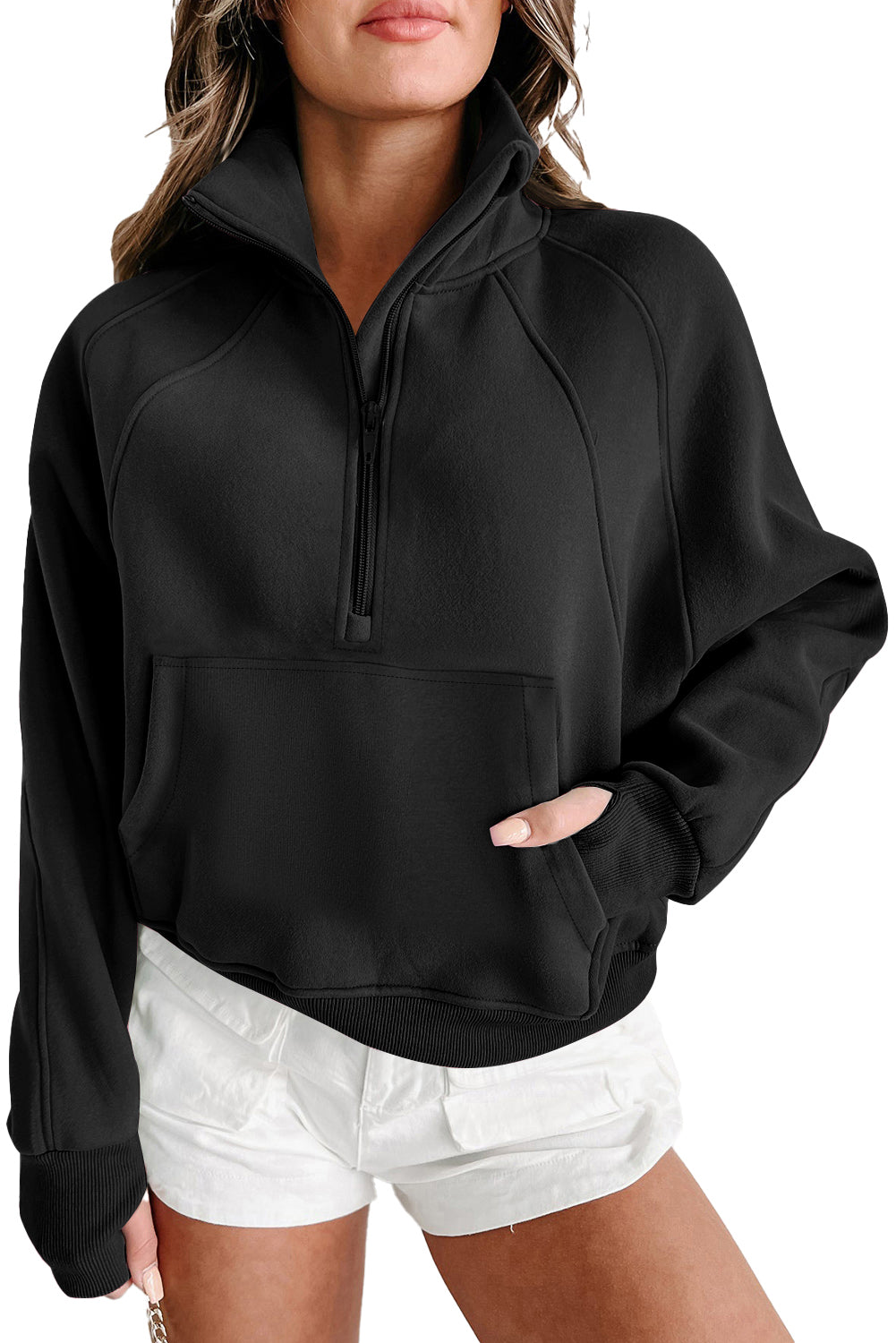 Black Quarter Zip Stand Neck Kangaroo Pocket Sweatshirt