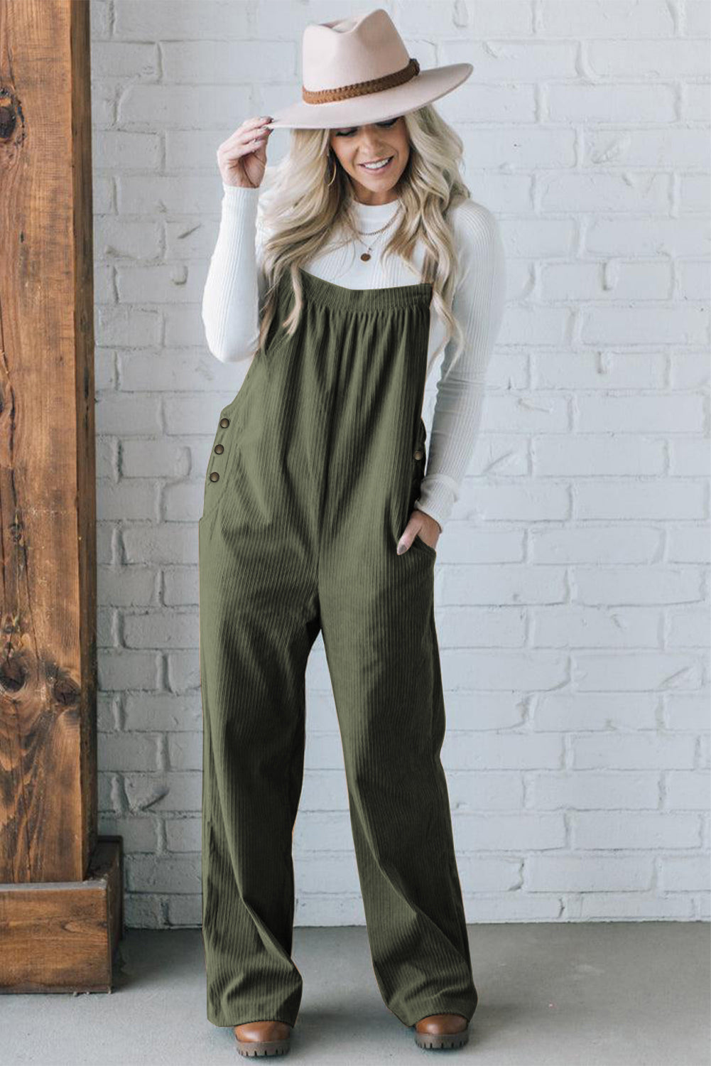 Real Teal Plain Pocketed Loose Fit Corduroy Overalls