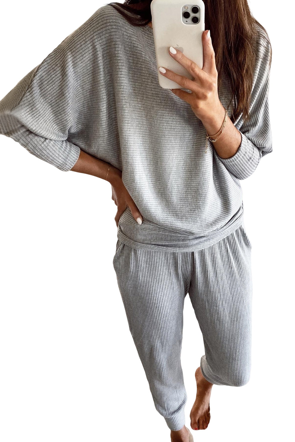 Light Grey Ribbed Dolman Sleeve Top And Pocketed Pants Set