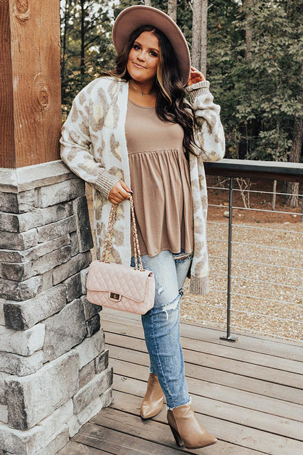 Beige Leopard Pattern Plus Size Long Cardigan