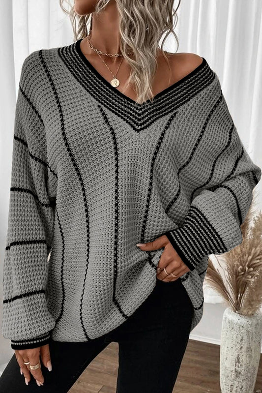 Gray Contrast V Neck Loose Tunic Sweater