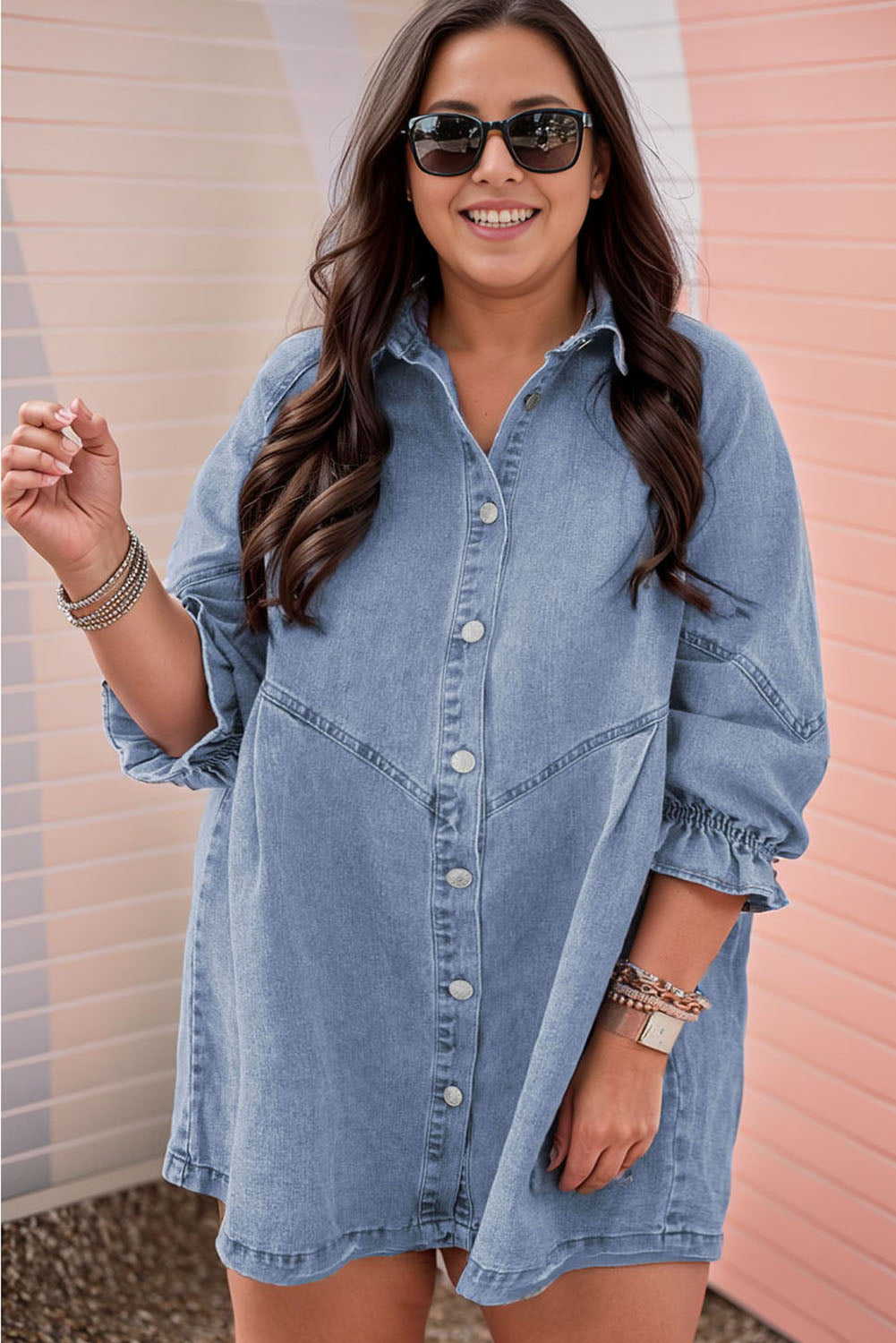 Light Blue Ruffled 3/4 Sleeve Buttoned Front Plus Size Denim Dress