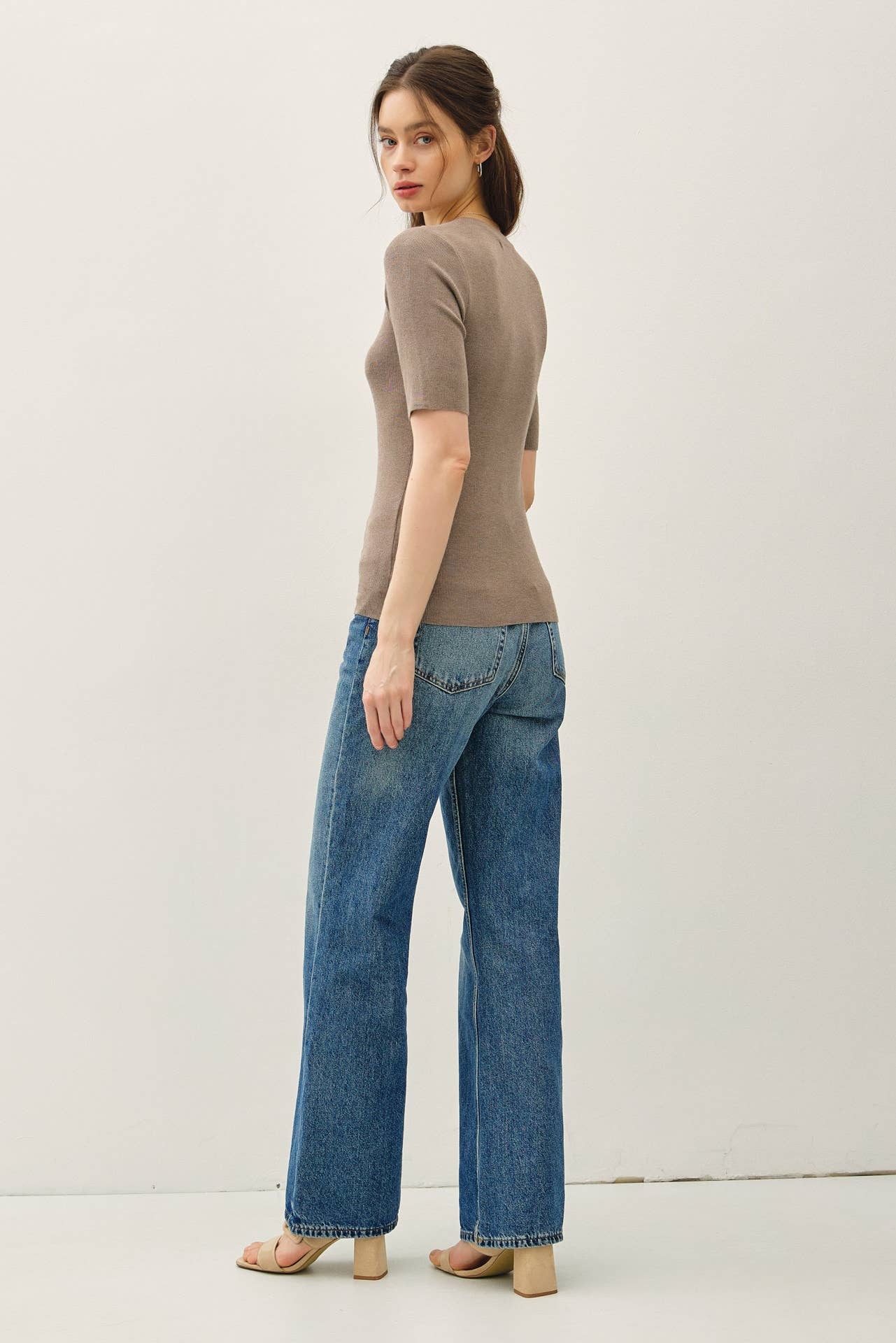 CLASSIC SOLID HALF SLEEVE RIB KNIT TOP