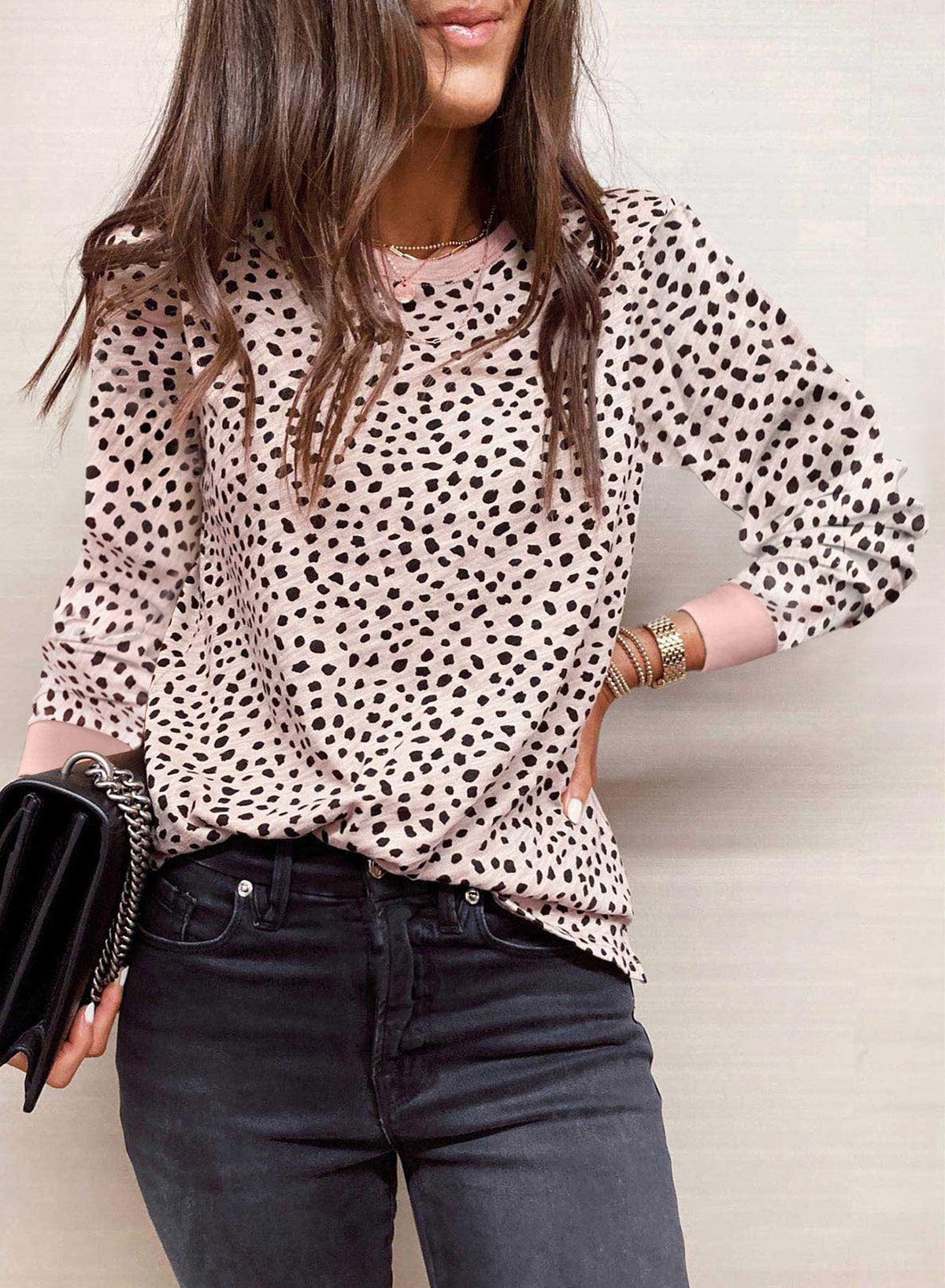 Gray Animal Spotted Print Round Neck Long Sleeve Top