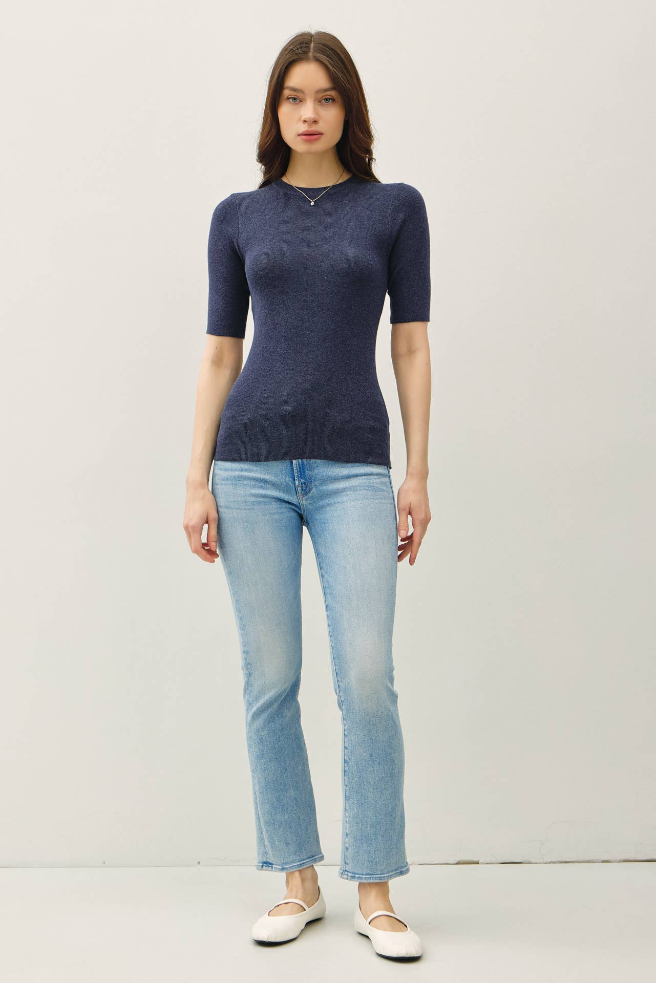 CLASSIC SOLID HALF SLEEVE RIB KNIT TOP