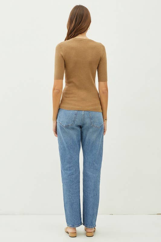 CLASSIC SOLID HALF SLEEVE RIB KNIT TOP
