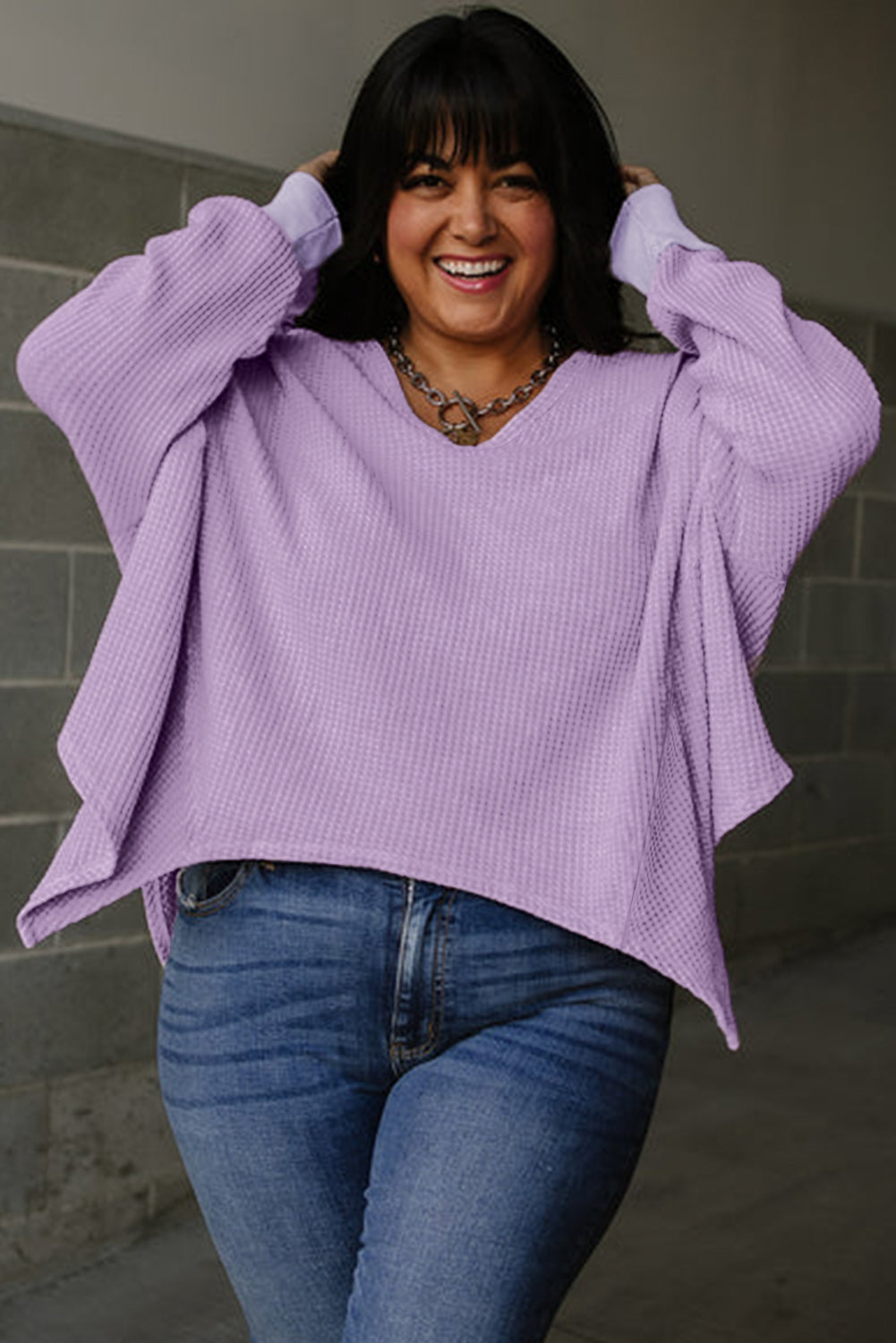 Orchid Petal Plus Size Waffle Knit Exposed Seam Flowy Top