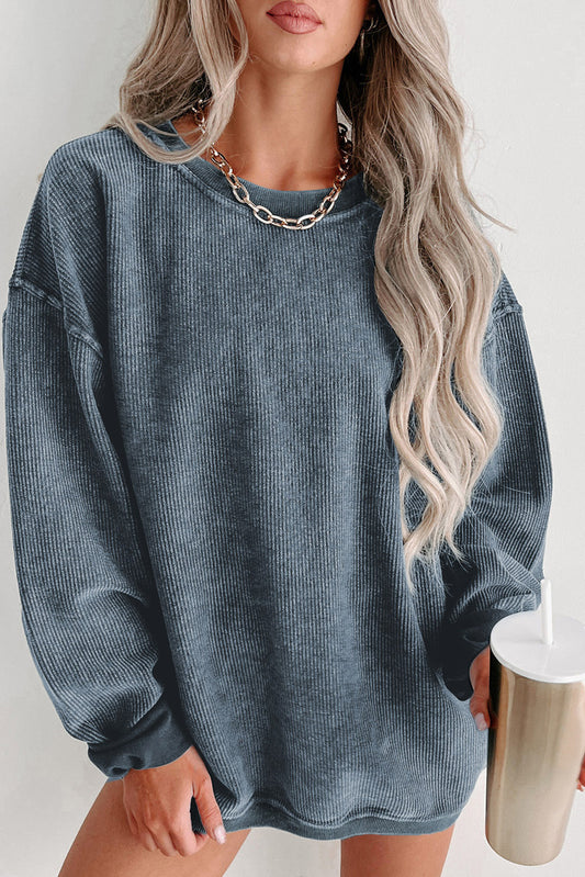 Blue Plain Solid Ribbed Knit Round Neck Pullover Sweatshirt