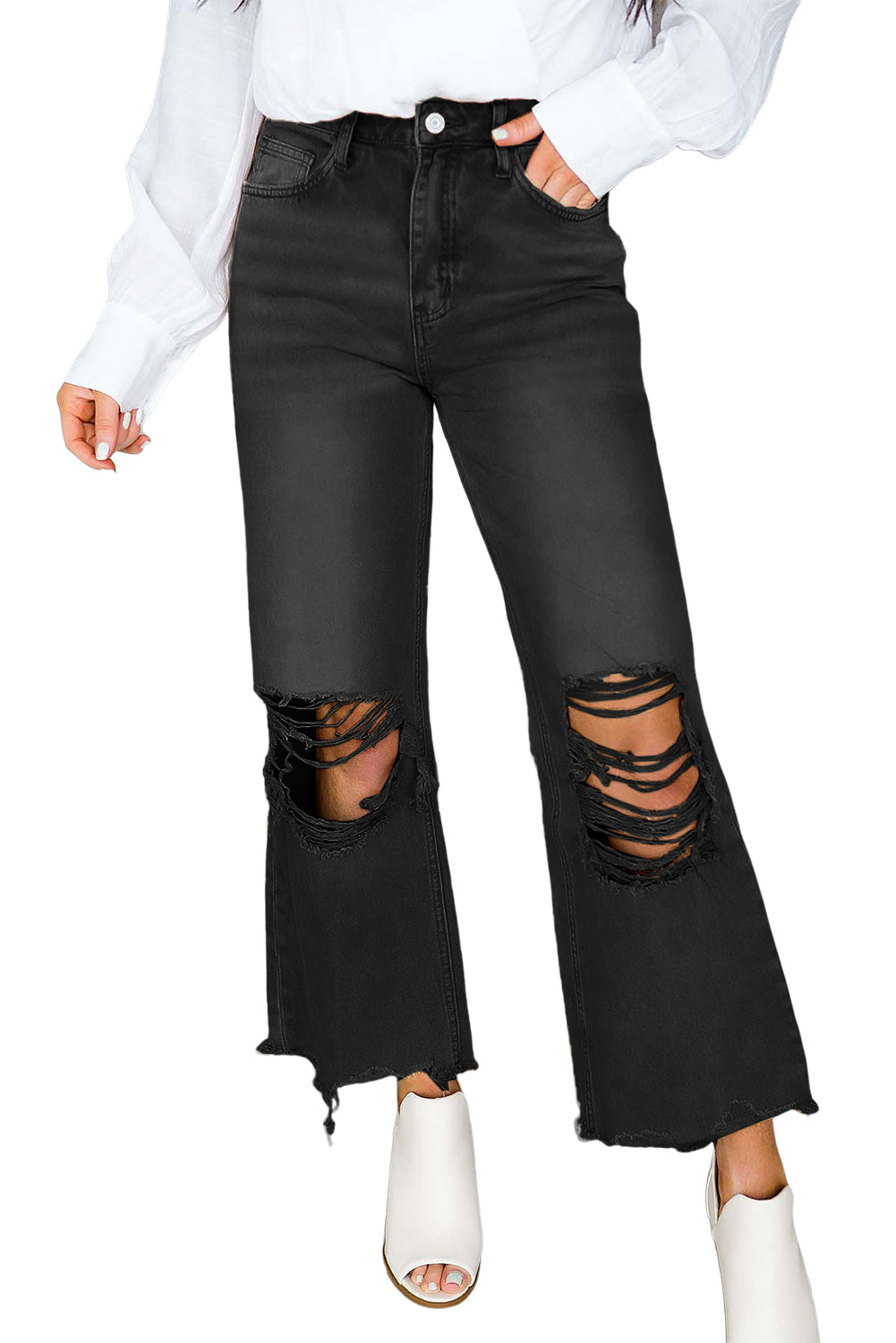 Black Distressed Hollow Out High Waist Flare Jeans