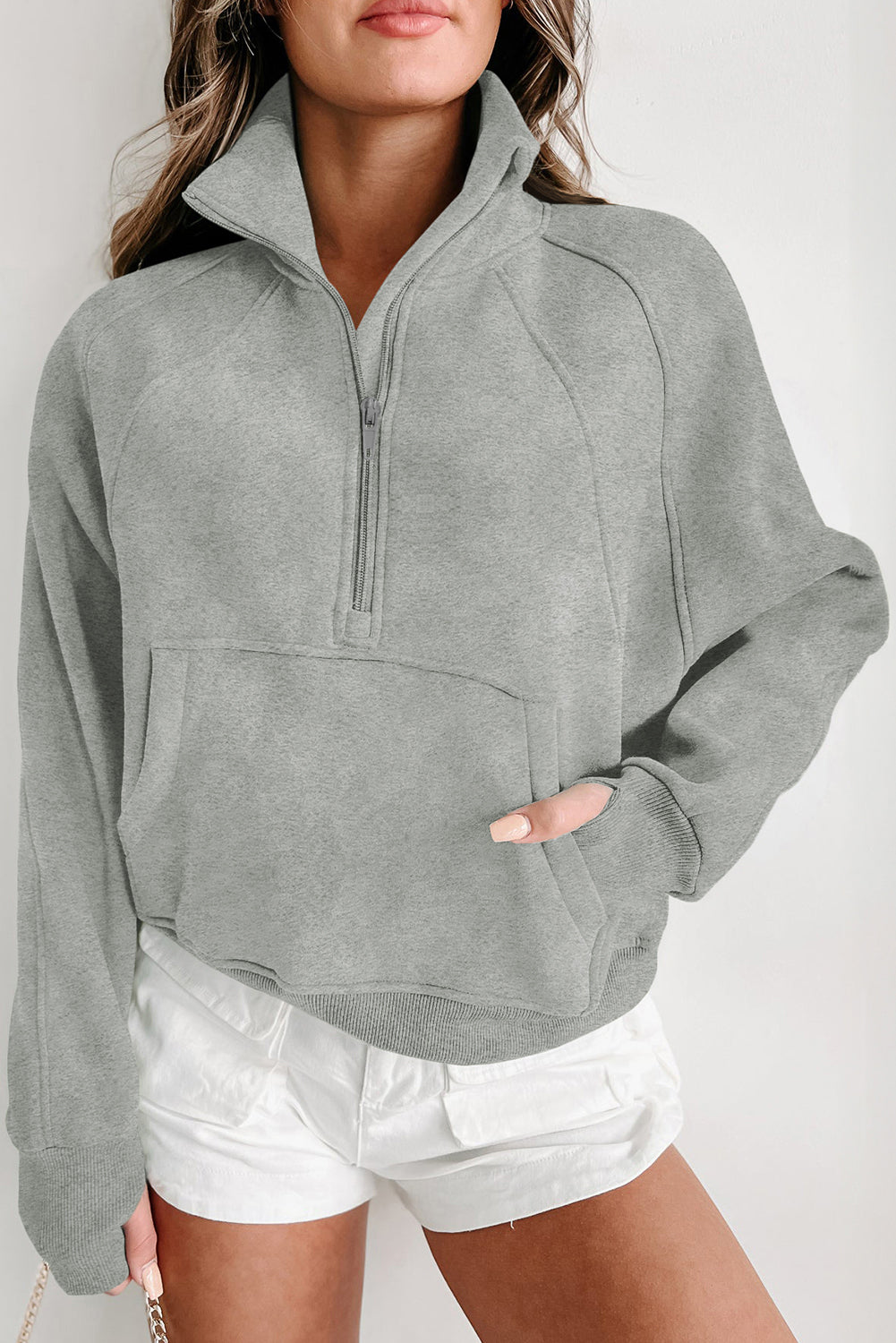 Black Quarter Zip Stand Neck Kangaroo Pocket Sweatshirt