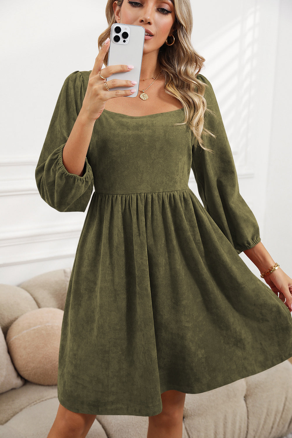 Green Washed Square Neck High Waist Flared Short Dress