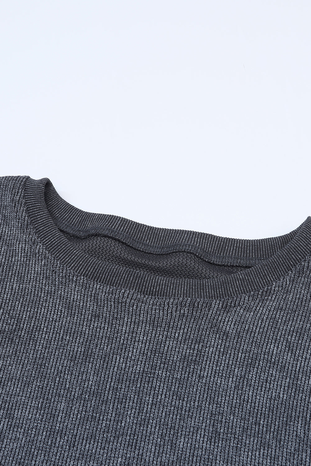 Blue Plain Solid Ribbed Knit Round Neck Pullover Sweatshirt