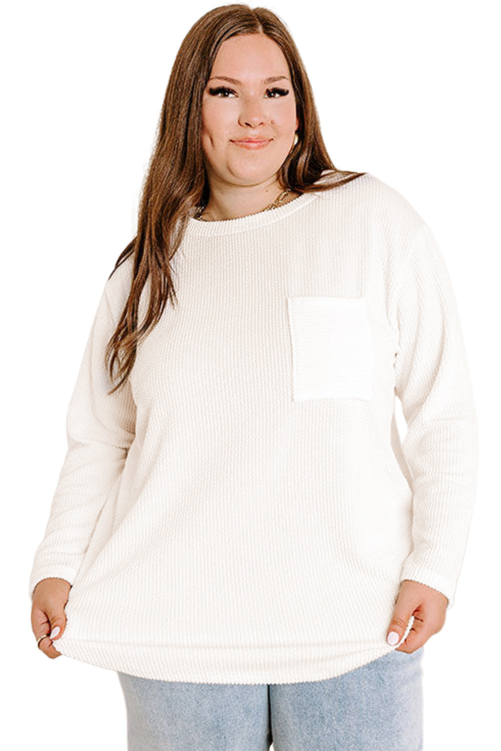 Peach Blossom Plus Size Ribbed Textured Pocketed Long Sleeve Top