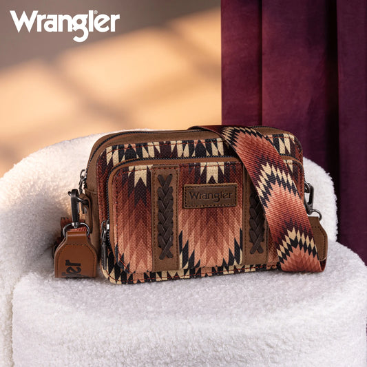 Wrangler Southwestern Pattern Dual Sided Print Crossbody Purse With Wallet Compartment -Brown