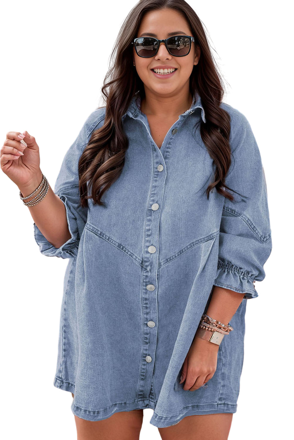 Light Blue Ruffled 3/4 Sleeve Buttoned Front Plus Size Denim Dress