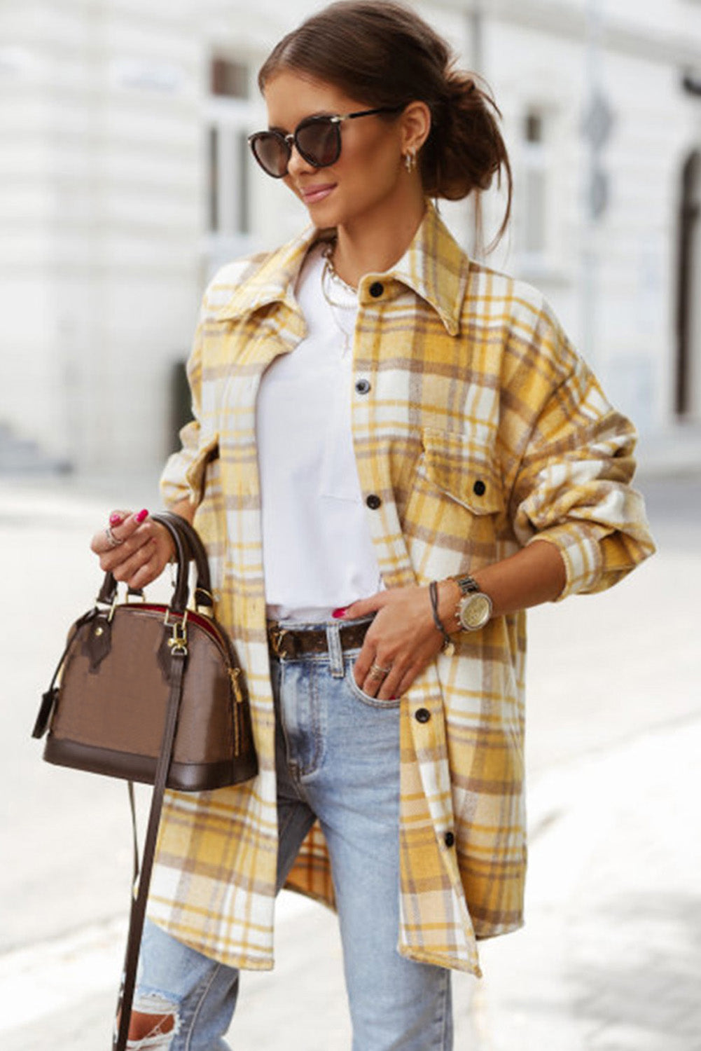 Sky Blue Plaid Flap Pocket Long Sleeve Shacket