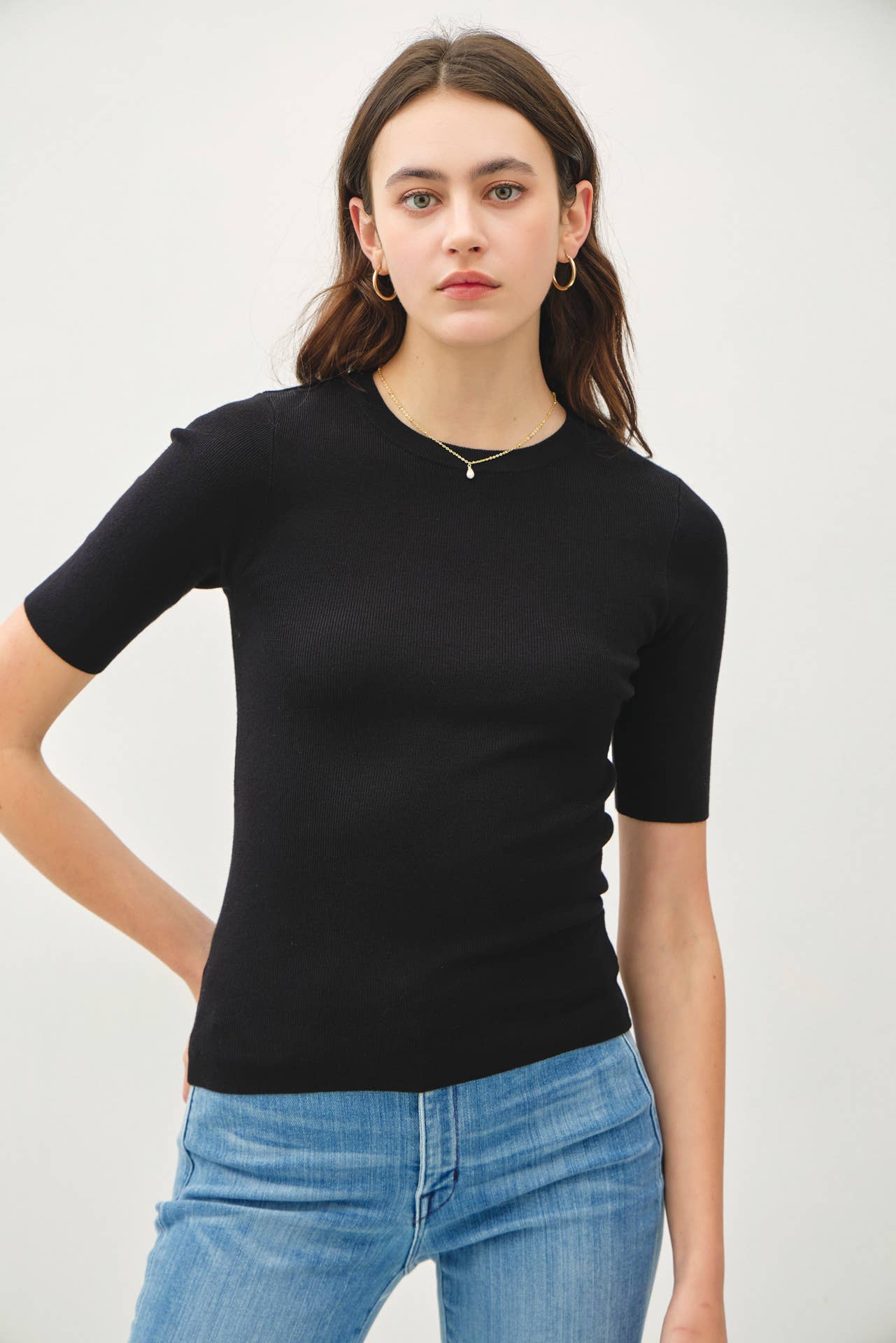 CLASSIC SOLID HALF SLEEVE RIB KNIT TOP