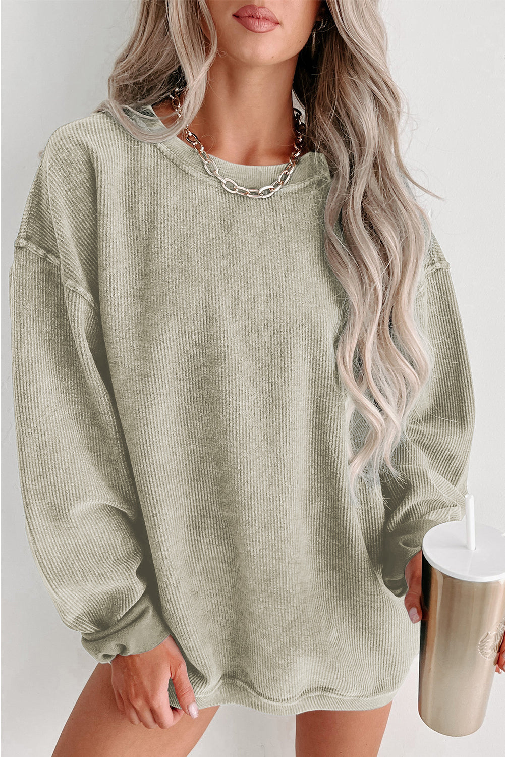 Blue Plain Solid Ribbed Knit Round Neck Pullover Sweatshirt