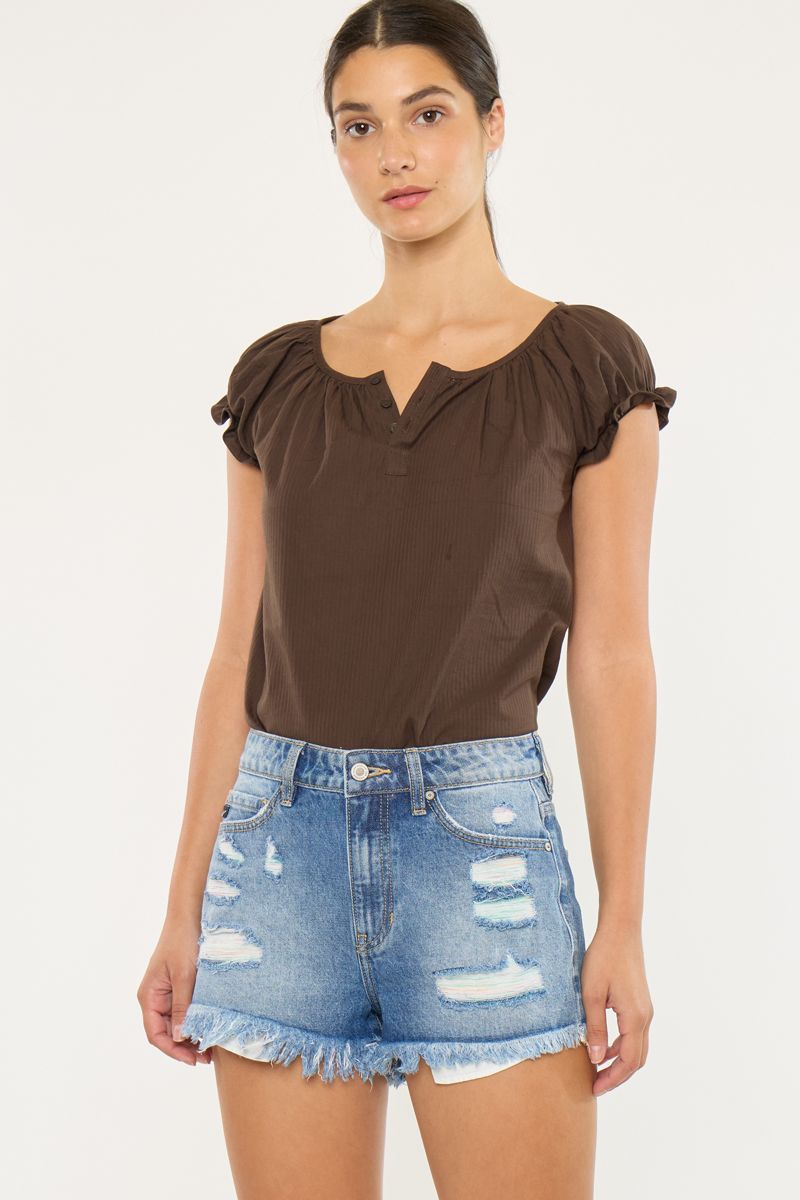 Kan Can HIGH RISE DENIM SHORTS MULTI COLOR THREADS