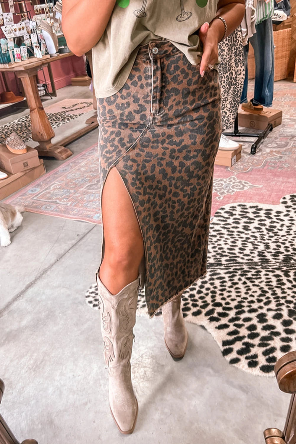 Brown Leopard Frayed Split Denim Midi Skirt