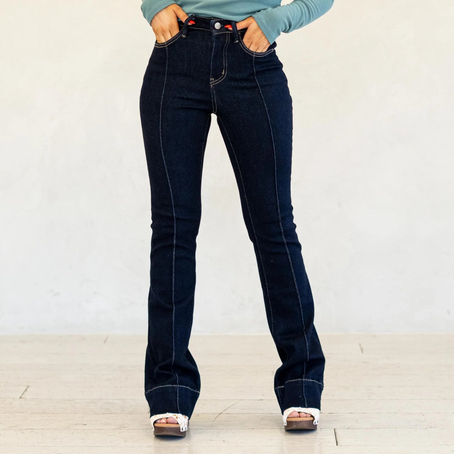 High Rise Pin Tuck TrouserHem Bootcut Jeans