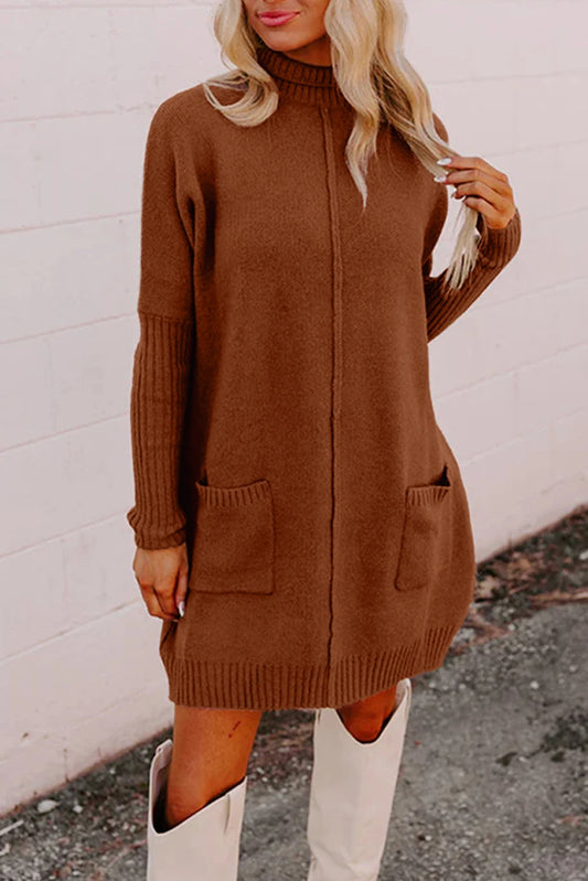 Chestnut Ribbed High Neck Front Pockets Center Seam Shift Sweater Dress