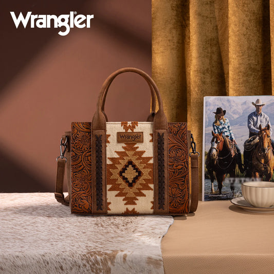 Wrangler Tooled Aztec Pattern Print Concealed Carry Tote/Crossbody -Brown