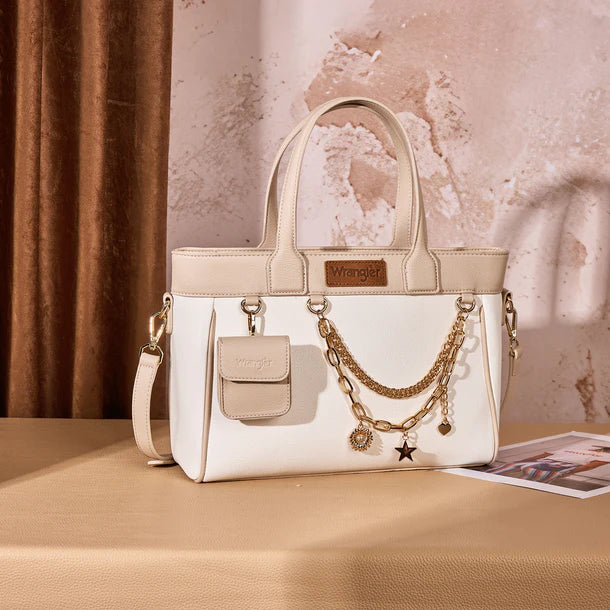 Wrangler Color Block Tote with Chain Charm & Mini Pouch - White
