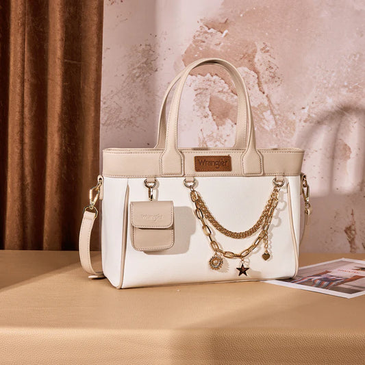 Wrangler Color Block Tote with Chain Charm & Mini Pouch - White
